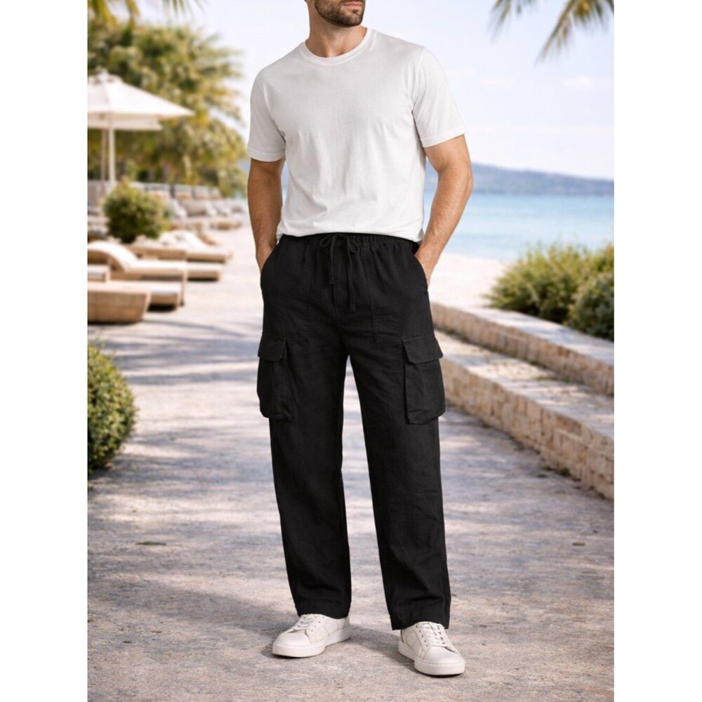 GAP Men’s Linen Blend Pants Black Cargo Relaxed Fit Drawstring Size L